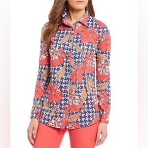 J.Mclaughlin Lois Floral houndstooth Print Button Down up Shirt Small Coral blue